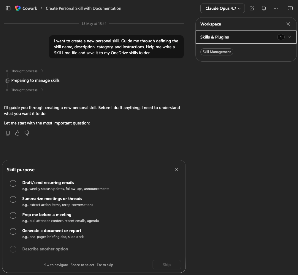 Copilot Cowork führt durch das Anlegen eines neuen persönlichen Skills mit Auswahl von typischen Office-Zwecken