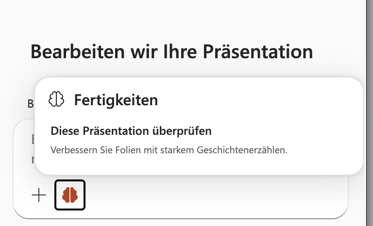 PowerPoint Copilot Panel mit dem Bereich Fertigkeiten und dem Skill 'Diese Präsentation überprüfen'